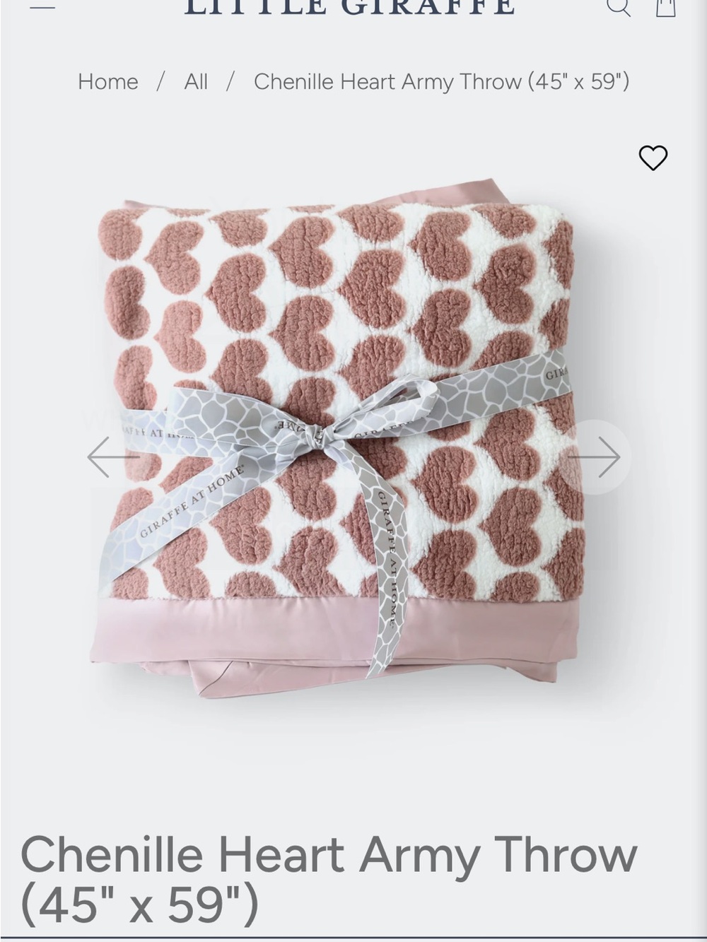 Little Giraffe Rose Pink & White Chenille Heart Throw with Satin Trim